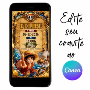 Convite Aniversário Digital One Piece 24 Personalizável pelo Canva