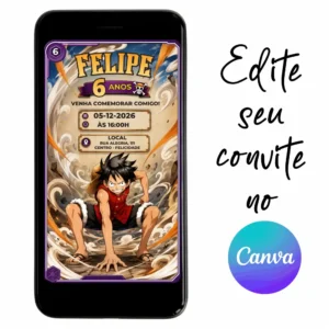 Convite Aniversário Digital One Piece 25 Personalizável pelo Canva