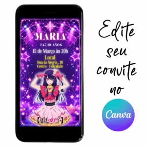 Convite Aniversário Digital Oshi no Ko 01 Personalizável pelo Canva