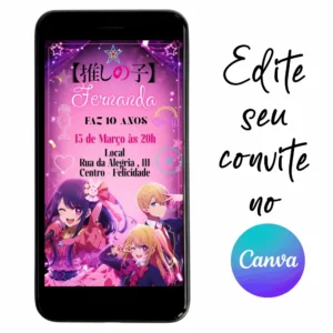 Convite Aniversário Digital Oshi no Ko 02 Personalizável pelo Canva