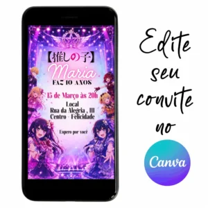 Convite Aniversário Digital Oshi no Ko 03 Personalizável pelo Canva