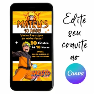 Convite Aniversário Digital Naruto 02 Personalizável pelo Canva