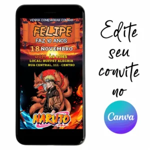 Convite Aniversário Digital Naruto 09 Personalizável pelo Canva