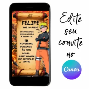 Convite Aniversário Digital Naruto 22 Personalizável pelo Canva