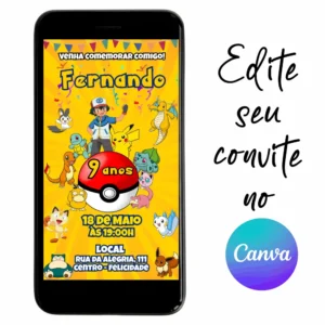 Convite Aniversário Digital Pokemon 01 Personalizável pelo Canva