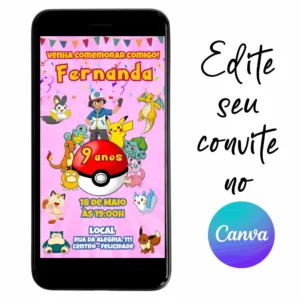 Convite Aniversário Digital Pokemon 02 Personalizável pelo Canva