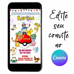 Convite Aniversário Digital Pokémon 03 Personalizável pelo Canva