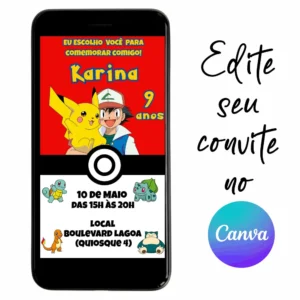 Convite Aniversário Digital Pokémon 04 Personalizável pelo Canva