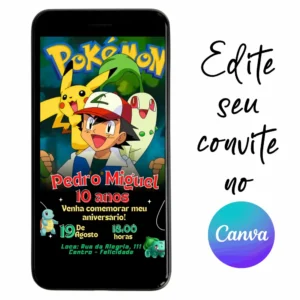 Convite Aniversário Digital Pokémon 05 Personalizável pelo Canva