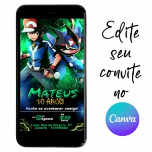 Convite Aniversário Digital Pokémon 06 Personalizável pelo Canva