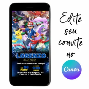 Convite Aniversário Digital Pokémon 07 Personalizável pelo Canva