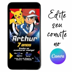 Convite Aniversário Digital Pokémon 08 Personalizável pelo Canva