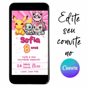 Convite Aniversário Digital Pokémon 09 Personalizável pelo Canva