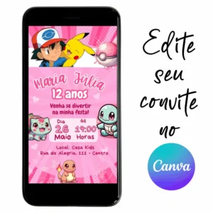 Convite Aniversário Digital Pokémon 10 Personalizável pelo Canva