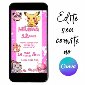 Convite Aniversário Digital Pokémon 11 Personalizável pelo Canva