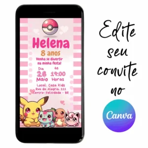 Convite Aniversário Digital Pokémon 12 Personalizável pelo Canva