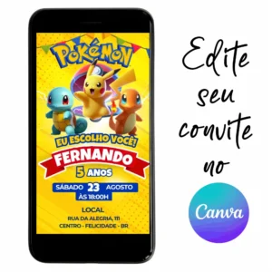 Convite Aniversário Digital Pokémon 13 Personalizável pelo Canva