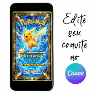 Convite Aniversário Digital Pokémon 15 Personalizável pelo Canva