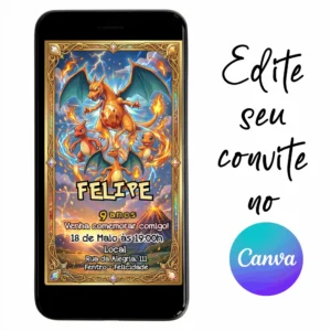 Convite Aniversário Digital Pokémon 17 Personalizável pelo Canva