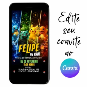 Convite Aniversário Digital Pokémon 18 Personalizável pelo Canva