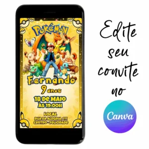 Convite Aniversário Digital Pokémon 19 Personalizável pelo Canva