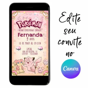 Convite Aniversário Digital Pokémon 20 Personalizável pelo Canva
