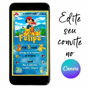 Convite Aniversário Digital Pokémon 21 Personalizável pelo Canva