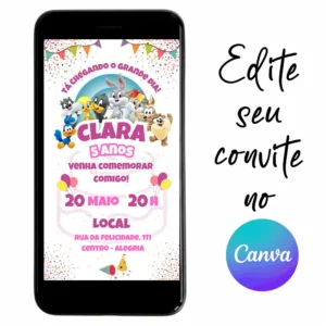 Convite Aniversário Baby Looney Tunes 02 Personalizável pelo Canva