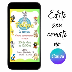 Convite Aniversário Baby Looney Tunes 03 Personalizável pelo Canva