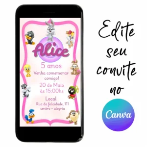 Convite Aniversário Baby Looney Tunes 04 Personalizável pelo Canva