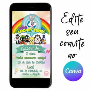 Convite Aniversário Baby Looney Tunes 05 Personalizável pelo Canva