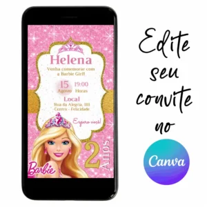 Convite Aniversário Digital Barbie 01 Personalizável pelo Canva