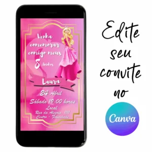 Convite Aniversário Digital Barbie 02 Personalizável pelo Canva