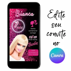 Convite Aniversário Digital Barbie 03 Personalizável pelo Canva