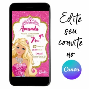 Convite Aniversário Digital Barbie 05 Personalizável pelo Canva