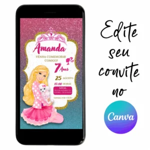 Convite Aniversário Digital Barbie 06 Personalizável pelo Canva