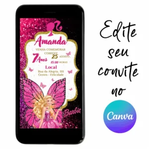 Convite Aniversário Digital Barbie Fada 07 Personalizável pelo Canva