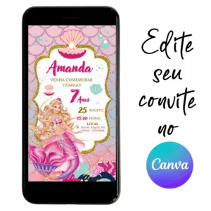Convite Aniversário Digital Barbie Sereia 08 Personalizável pelo Canva