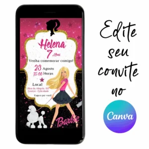 Convite Aniversário Digital Barbie 09 Personalizável pelo Canva
