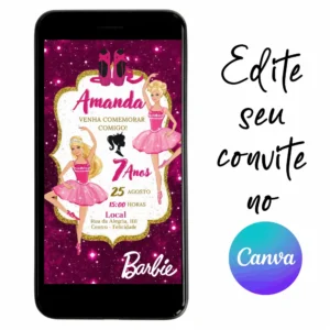 Convite Aniversário Digital Barbie 10 Bailarina Personalizável pelo Canva