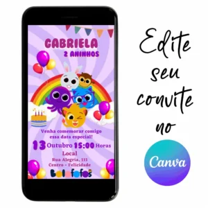 Convite Aniversário Digital Bolofofos 01 Personalizável pelo Canva