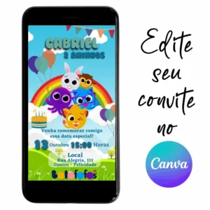 Convite Aniversário Digital Bolofofos 03 Personalizável pelo Canva