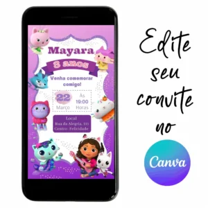 Convite Aniversário Digital Casa Mágica da Gabby 01 Personalizável pelo Canva