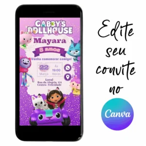 Convite Aniversário Digital Casa Mágica da Gabby 02 Personalizável pelo Canva