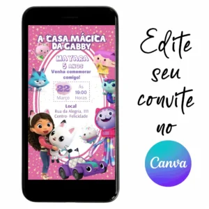 Convite Aniversário Digital Casa Mágica da Gabby 06 Personalizável pelo Canva