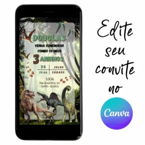 Convite Aniversário Digital Dinossauro 01 Personalizável pelo Canva