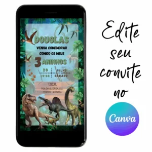 Convite Aniversário Digital Dinossauro 02 Personalizável pelo Canva