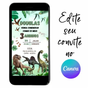 Convite Aniversário Digital Dinossauro 03 Personalizável pelo Canva