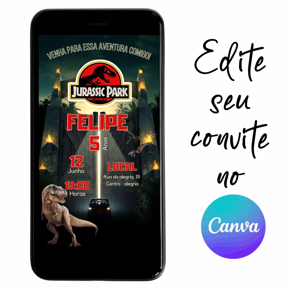 Dinossauro-04.webp Convite Aniversário Digital Jurassic Park - Dinossauro 04 Personalizável pelo Canva