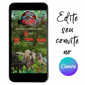 Convite Aniversário Digital Jurassic Park - Dinossauro 06 Personalizável pelo Canva